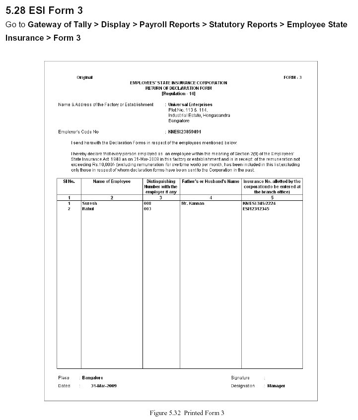'ESI Form 3' Report @ Tally.ERP 9